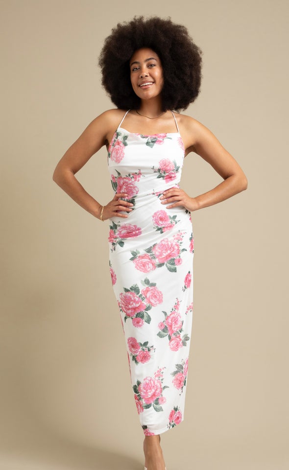 Printed Mesh Open Back Gown Cream/pink Floral