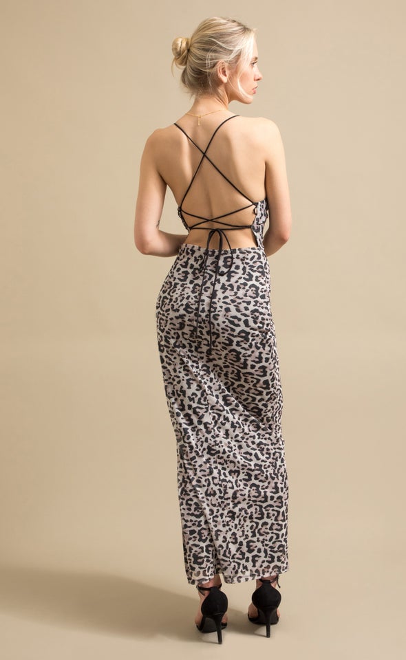 Printed Mesh Open Back Maxi Animal