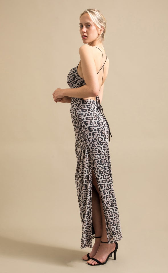 Printed Mesh Open Back Maxi Animal