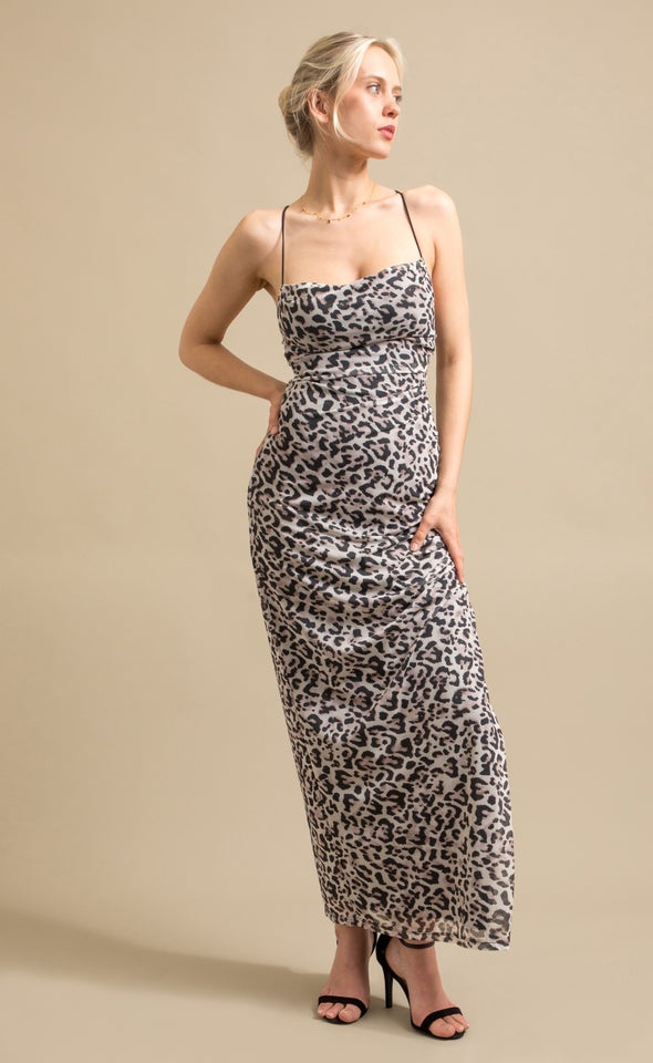 Printed Mesh Open Back Maxi Animal