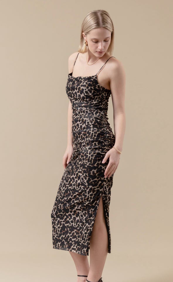 Printed Mesh Ruched Midi Dress Animal