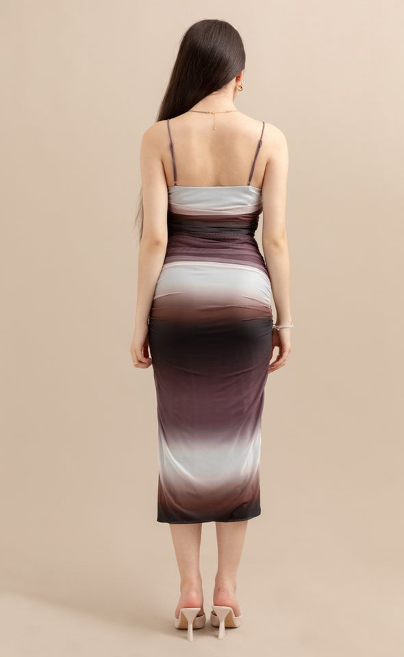 Printed Mesh Ruched Midi Dress Ombre Chocolate