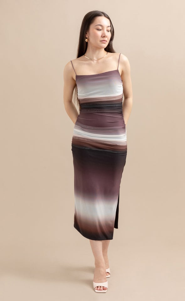 Printed Mesh Ruched Midi Dress Ombre Chocolate