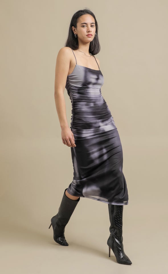 Printed Mesh Ruched Midi Dress Tie Dye/ Ink