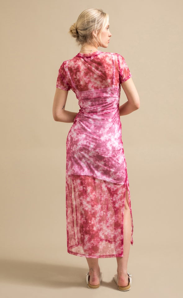 Printed Mesh Short Sleeve Midi Dress Tie Dye/pink