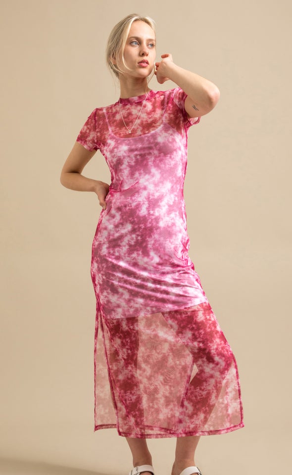 Printed Mesh Short Sleeve Midi Dress Tie Dye/pink