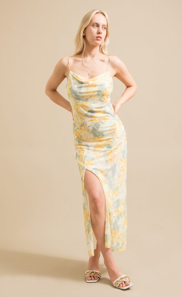 Printed Mesh Split Maxi Yellow/floral