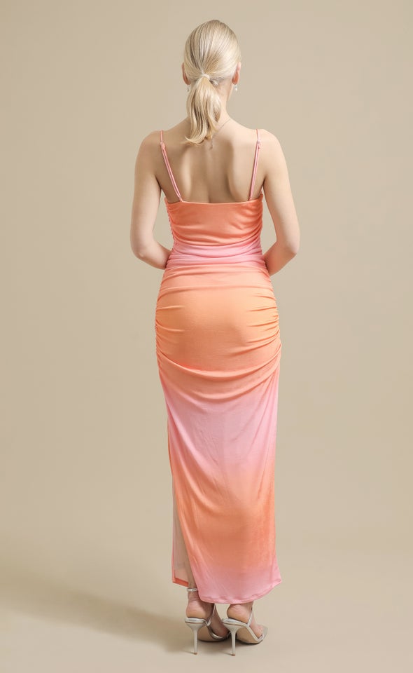 Printed Metallic Jersey Ruched Slip Gown Ombre