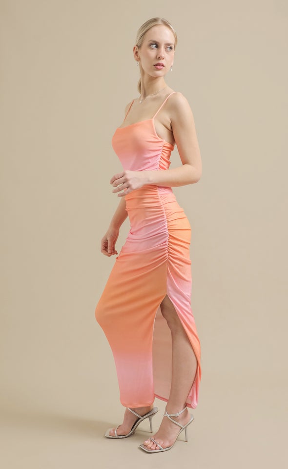 Printed Metallic Jersey Ruched Slip Gown Ombre