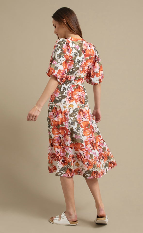 Printed Puff Sleeve Dress Cream/clay Floral