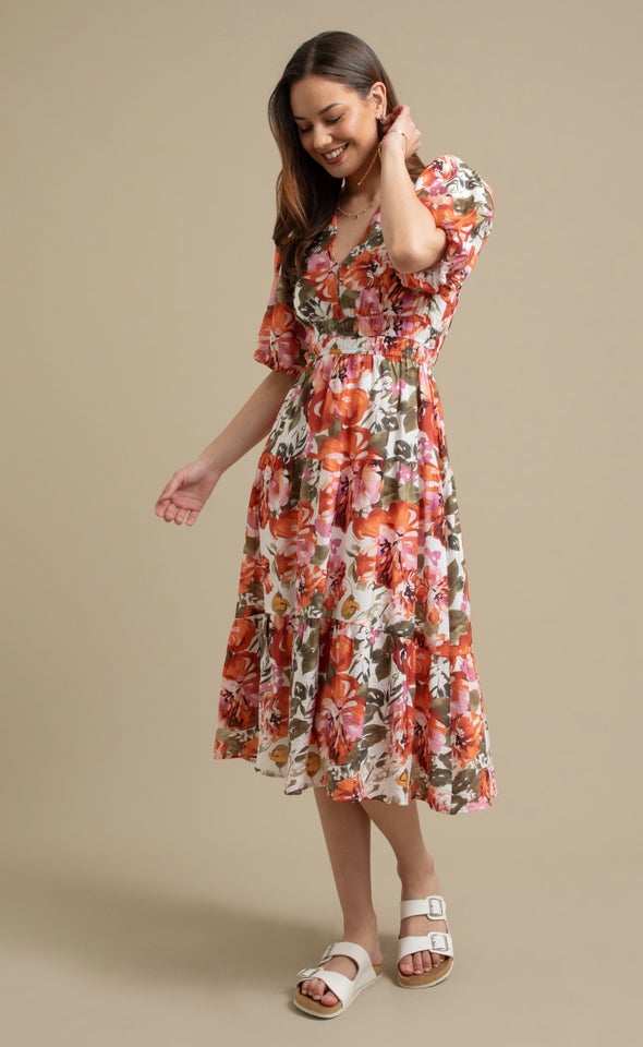 Printed Puff Sleeve Dress Cream/clay Floral