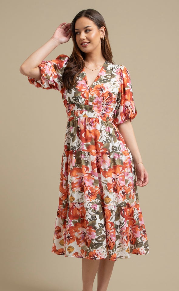 Printed Puff Sleeve Dress Cream/clay Floral