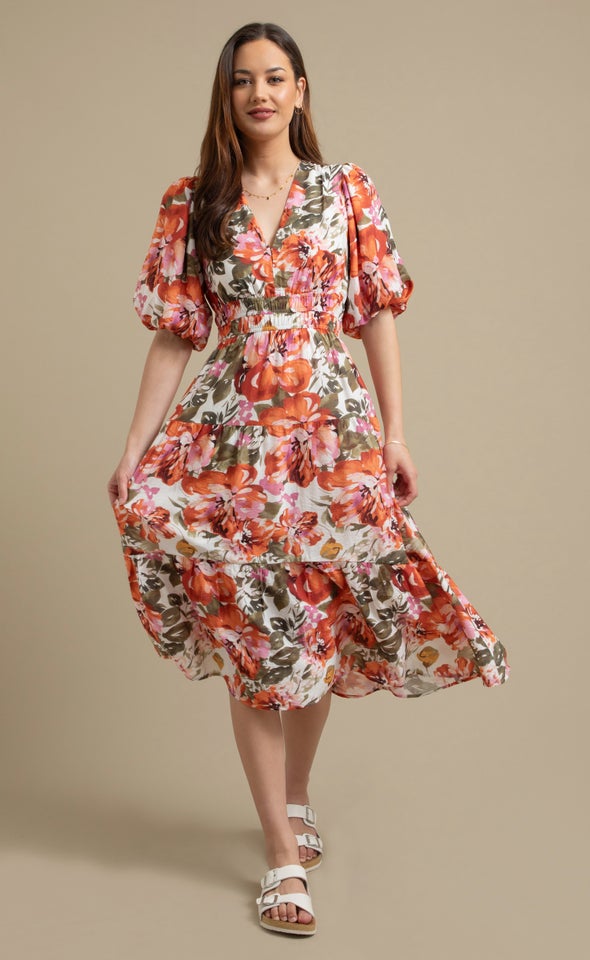 Printed Puff Sleeve Dress Cream/clay Floral