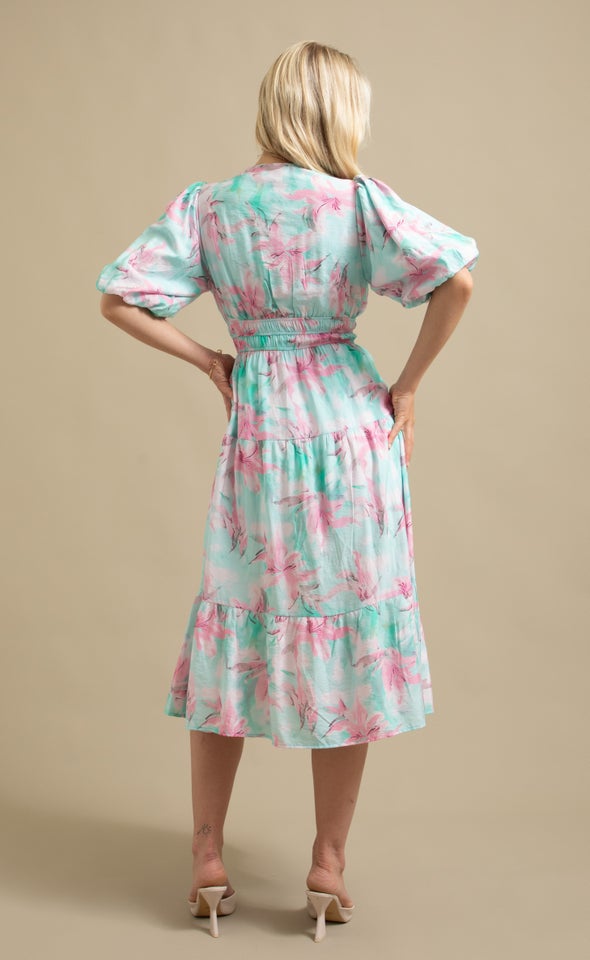 Printed Puff Sleeve Dress Turquoise/floral