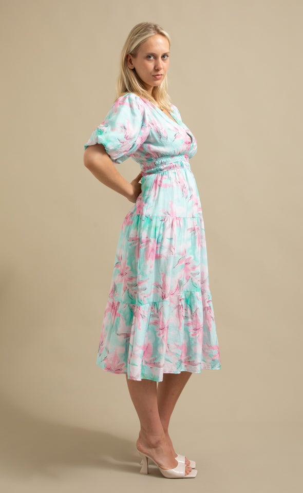 Printed Puff Sleeve Dress Turquoise/floral