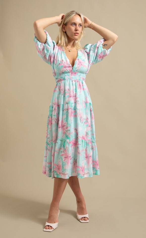 Printed Puff Sleeve Dress Turquoise/floral