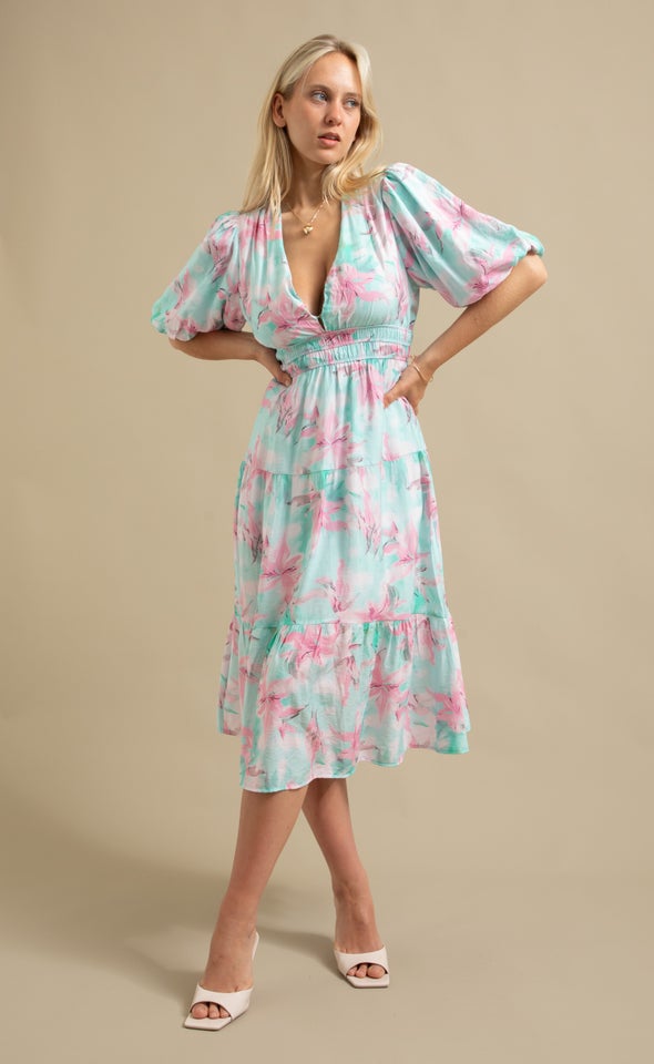 Printed Puff Sleeve Dress Turquoise/floral