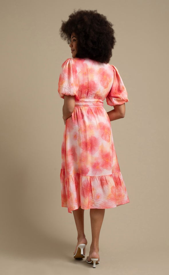 Printed Puff Sleeve Tier Dress Tie Dye/ Pink