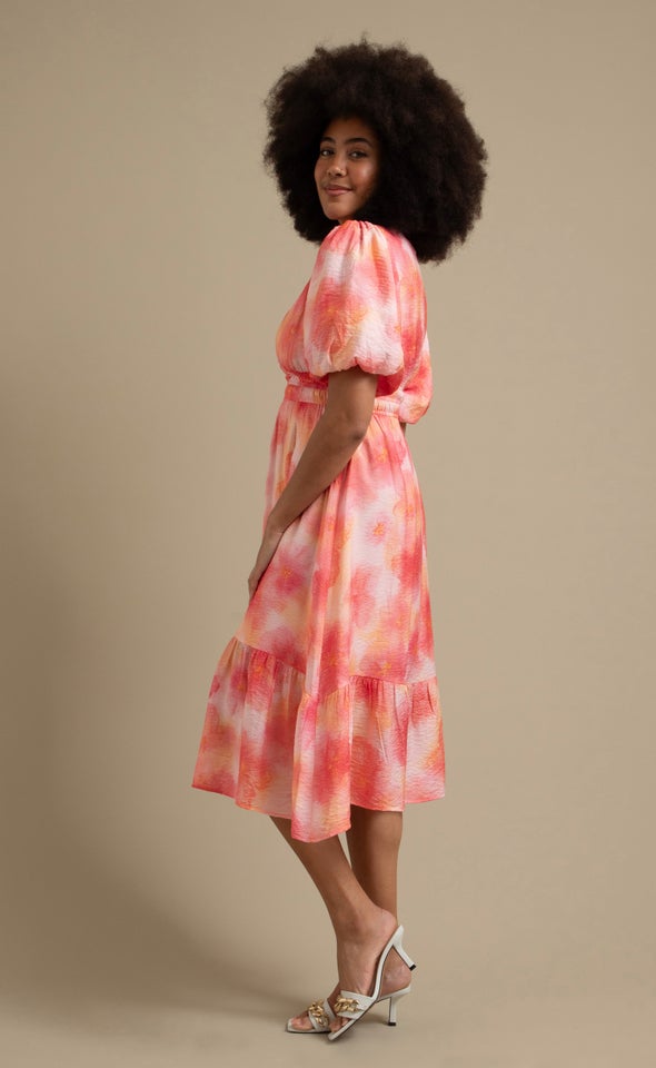 Printed Puff Sleeve Tier Dress Tie Dye/ Pink