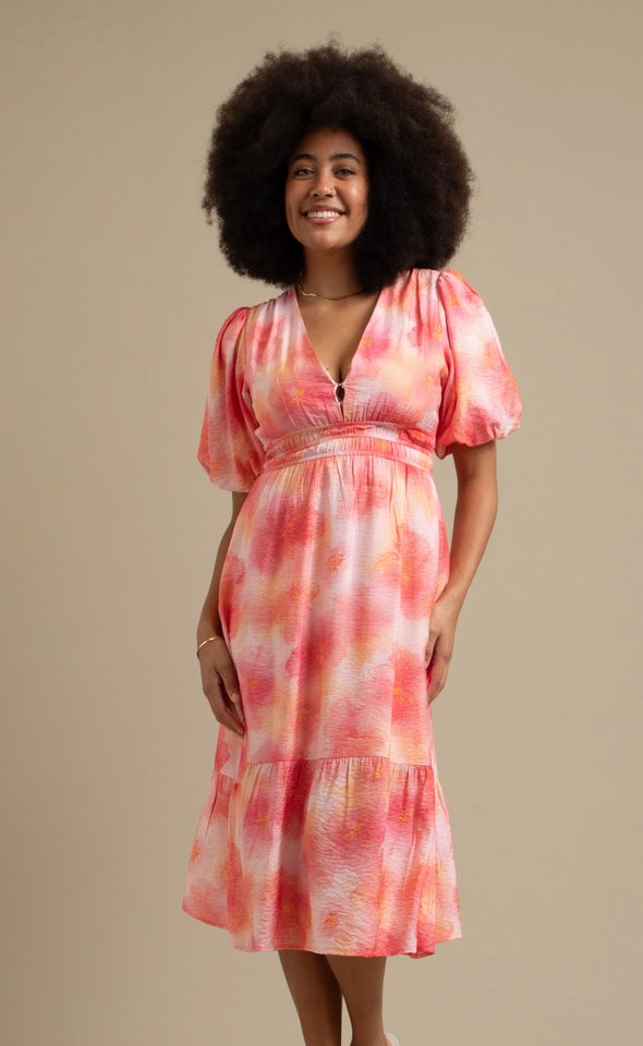 Printed Puff Sleeve Tier Dress Tie Dye/ Pink