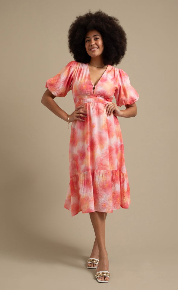 Printed Puff Sleeve Tier Dress Tie Dye/ Pink