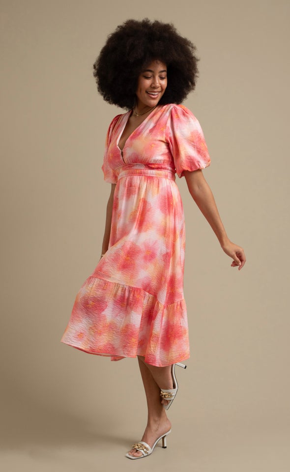 Printed Puff Sleeve Tier Dress Tie Dye/ Pink