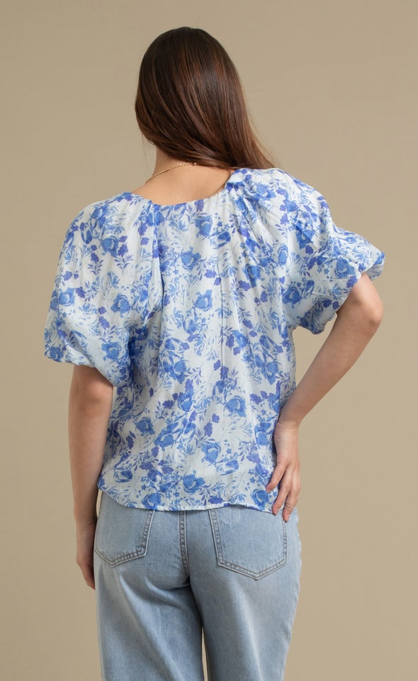 Printed Rayon Puff Sleeve V Neck Top Blue/white Floral