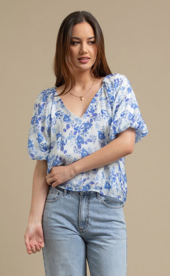 Printed Rayon Puff Sleeve V Neck Top Blue/white Floral