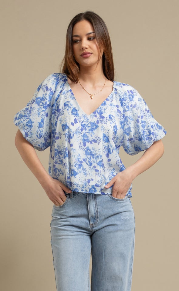 Printed Rayon Puff Sleeve V Neck Top Blue/white Floral