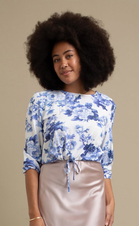 Printed Rayon Tie Waist Top White/blue Print