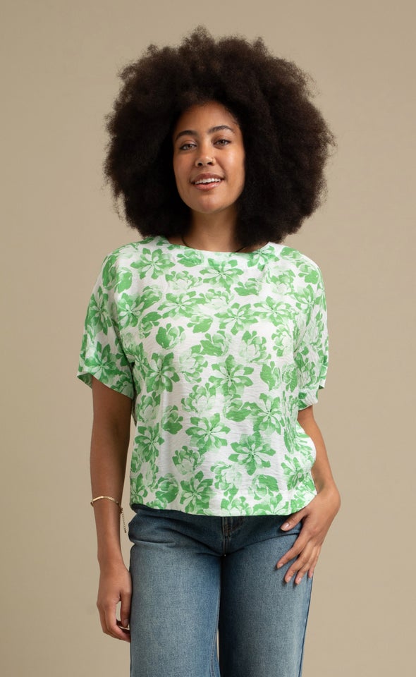 Printed Rayon Top White/green Floral