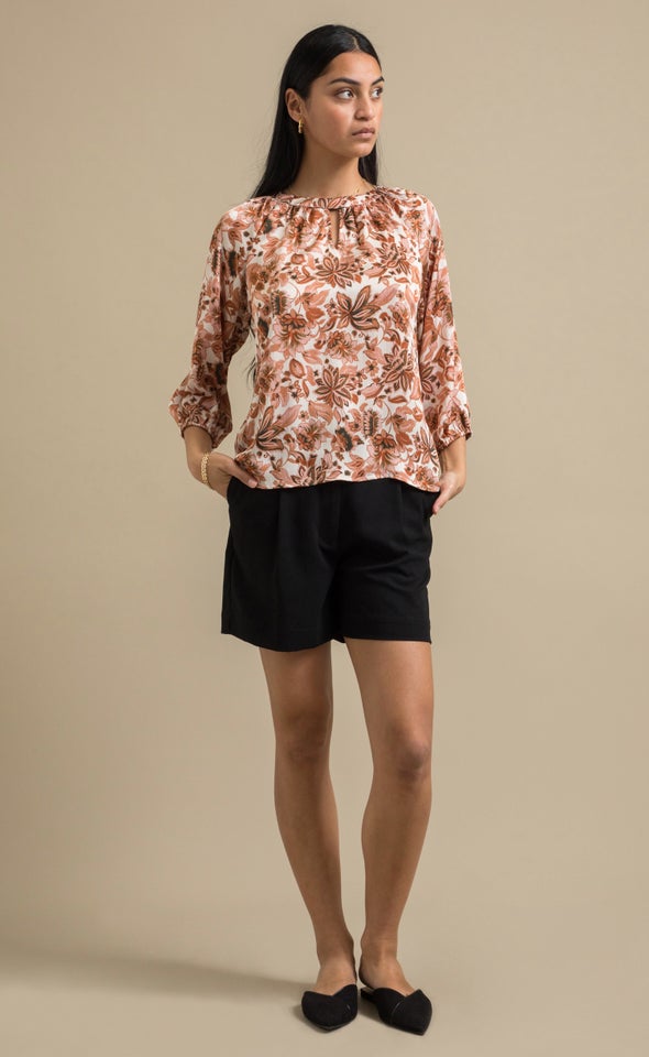 Printed Satin 3/4 Sleeve Top Cream/floral