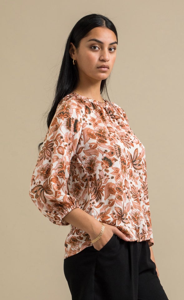 Printed Satin 3/4 Sleeve Top Cream/floral