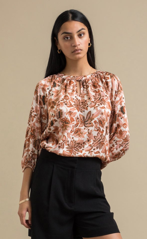 Printed Satin 3/4 Sleeve Top Cream/floral