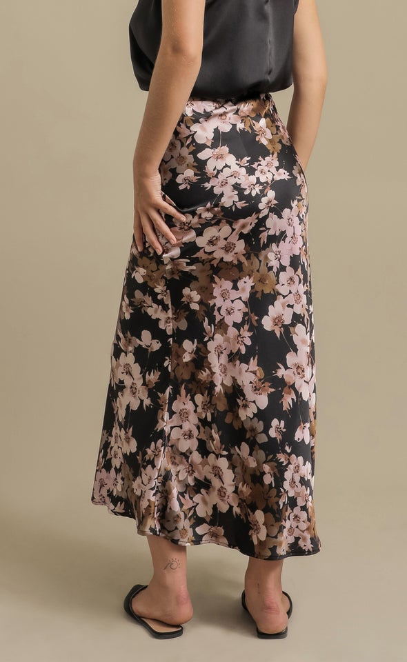 Printed Satin Bias Maxi Skirt Black/floral