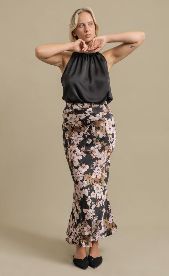 Printed Satin Bias Maxi Skirt Black/floral