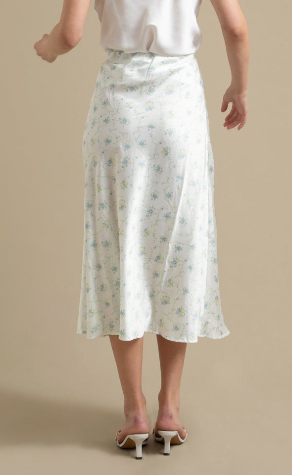 Printed Satin Elastic Waist Midi Skirt Cream/blue Floral