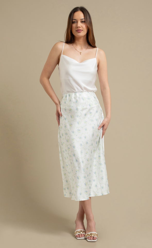 Printed Satin Elastic Waist Midi Skirt Cream/blue Floral