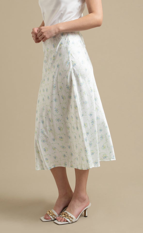 Printed Satin Elastic Waist Midi Skirt Cream/blue Floral