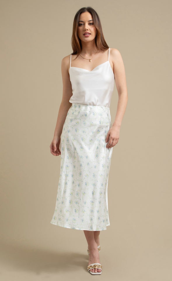 Printed Satin Elastic Waist Midi Skirt Cream/blue Floral