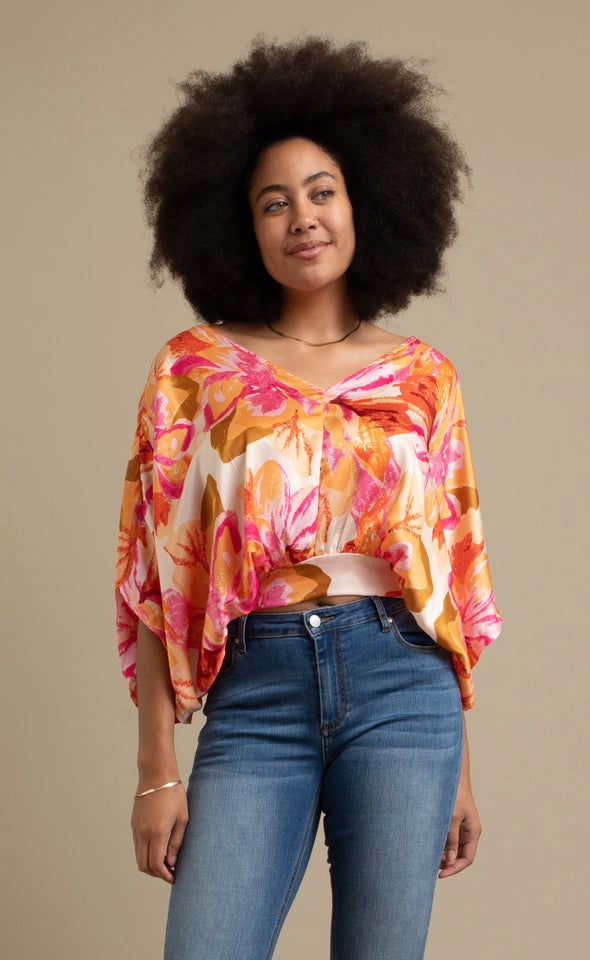 Printed Satin Kaftan Top Pink/orange