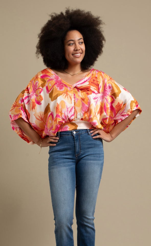 Printed Satin Kaftan Top Pink/orange