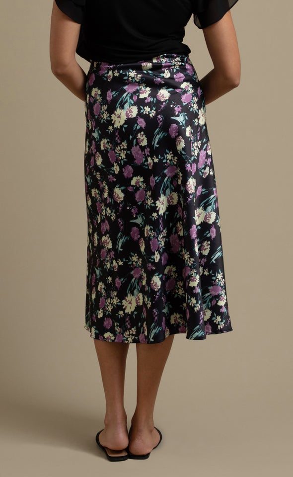 Printed Satin Midi Skirt Black/floral