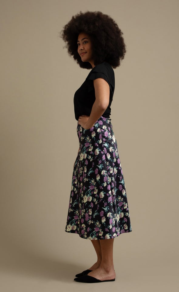 Printed Satin Midi Skirt Black/floral