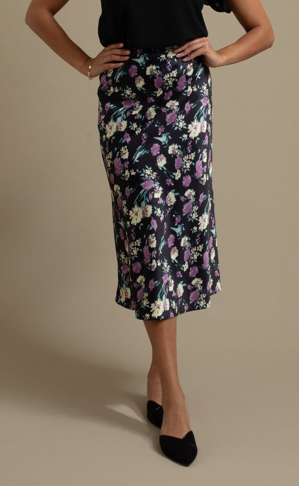 Printed Satin Midi Skirt Black/floral