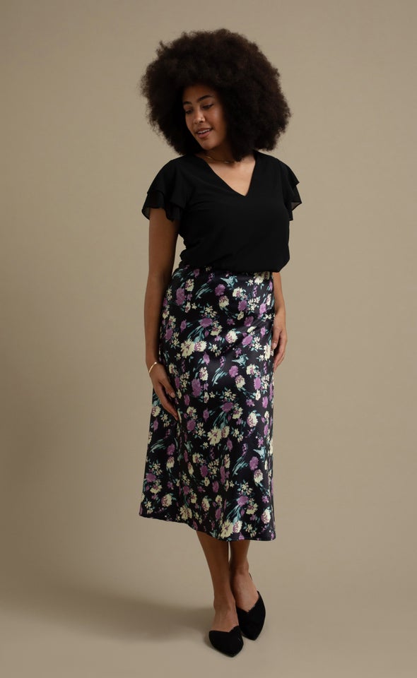 Printed Satin Midi Skirt Black/floral