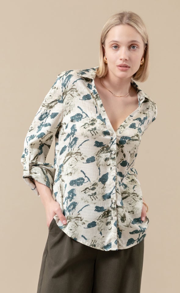 Printed Satin Shirt Olive Print