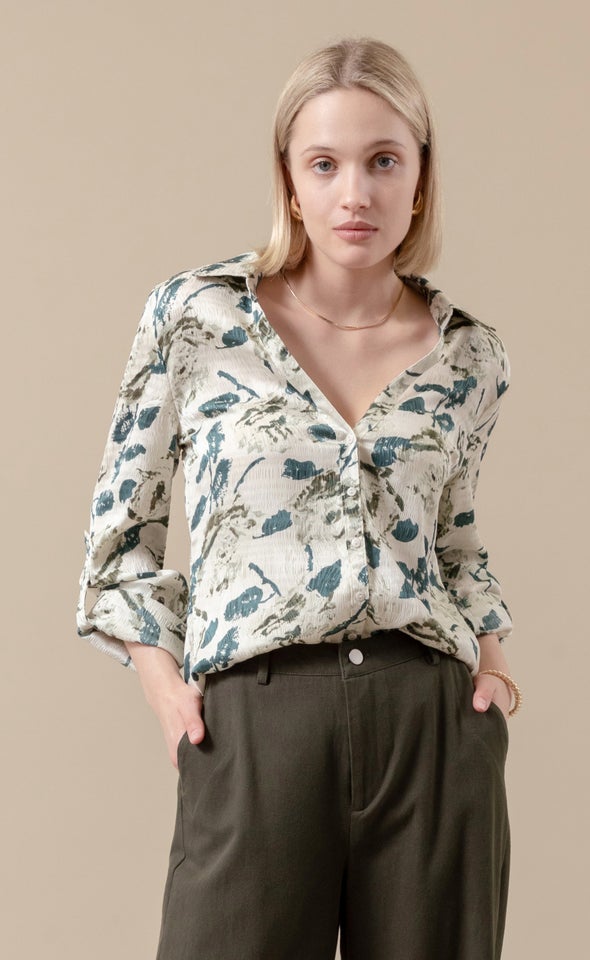 Printed Satin Shirt Olive Print