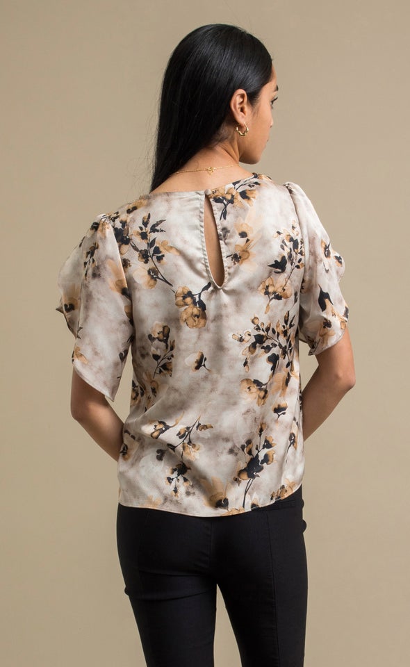 Printed Satin Tulip Sleeve Top Rust/floral