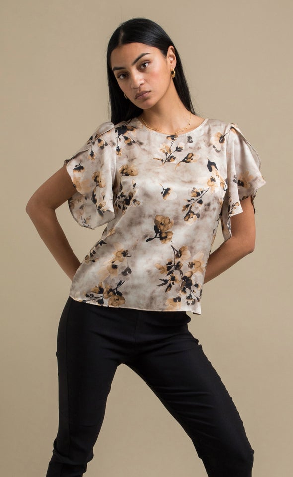 Printed Satin Tulip Sleeve Top Rust/floral